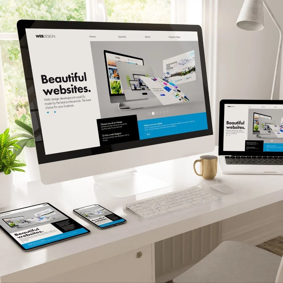 Tampilan website responsif pada komputer, laptop, tablet, dan ponsel